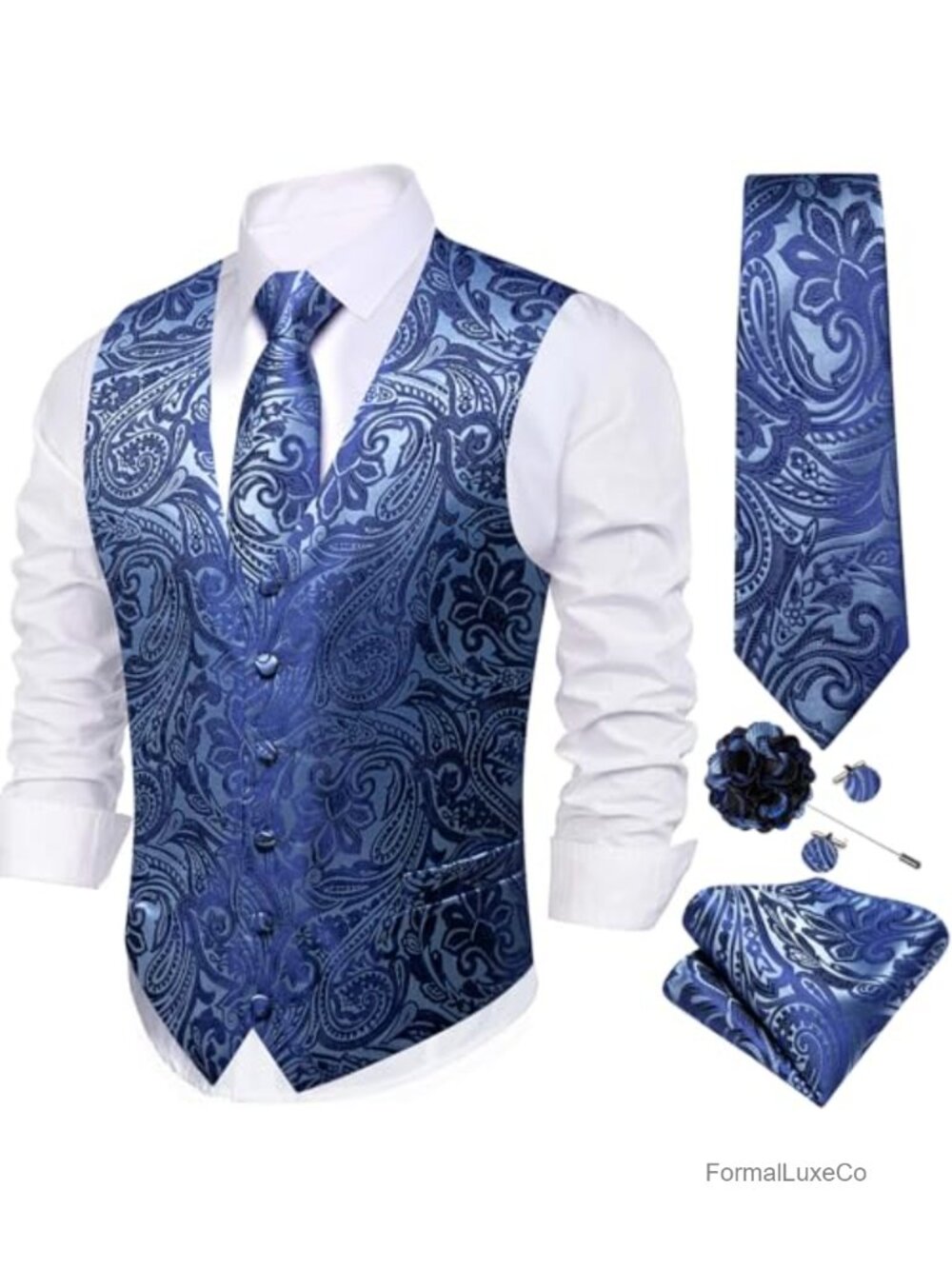 Mens V-Neck Paisley Waistcoat Silk Tie Pocket Square Cufflinks Set Formal